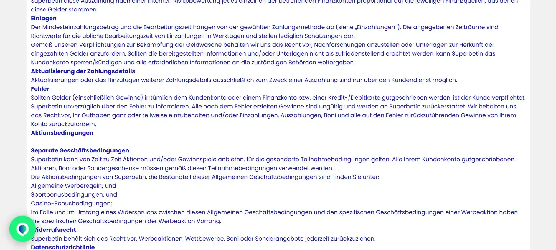 Zahlungsbereich von Superbetin mit aufgeführten Zahlungswegen