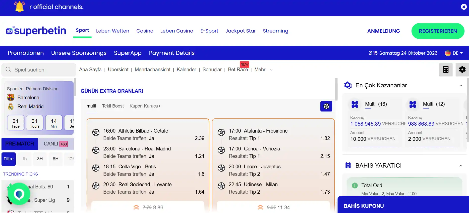 Sportwettenbereich von Superbetin mit Sportkategorien und Wettnavigation