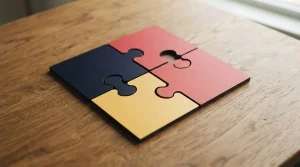 Vier große Puzzleteile auf einem Holztisch bilden ein Quadrat