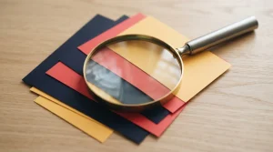 Lupe über bunten Karteikarten auf einer hölzernen Arbeitsfläche