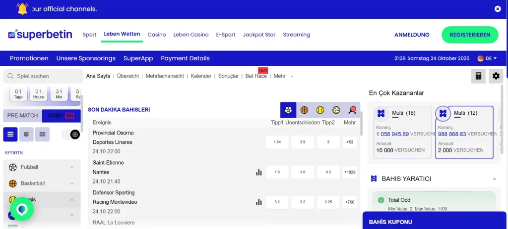 Live-Bereich von Superbetin mit laufendem Ereignis und Wettansicht