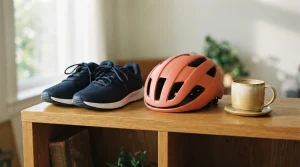 Laufschuhe, Fahrradhelm und eine Tasse auf einem offenen Regal